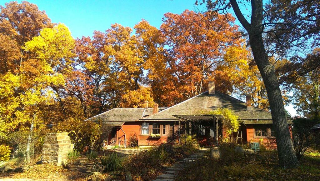 yellow and orange fall foliage surround the single-story house