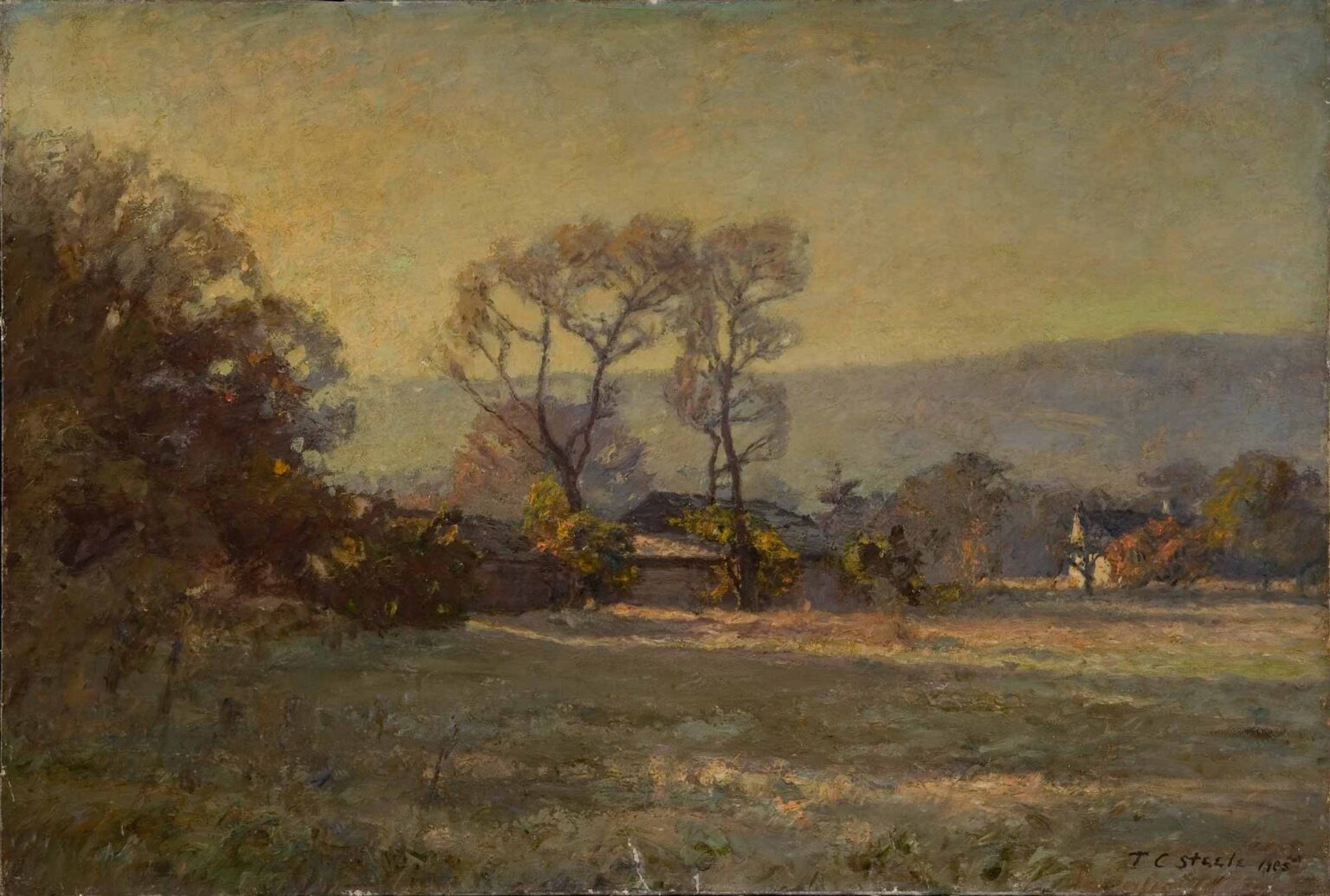 oil on canvas in yellow-green and brown hues of small buildings amongst leafless trees