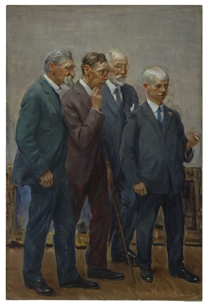 an oil painting of four old guys with beards wearing nice suits and talking about art
