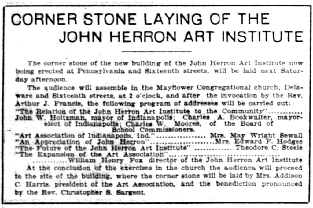 newspaper clipping titled "Corner stone laying of the John Herron Art Institute"