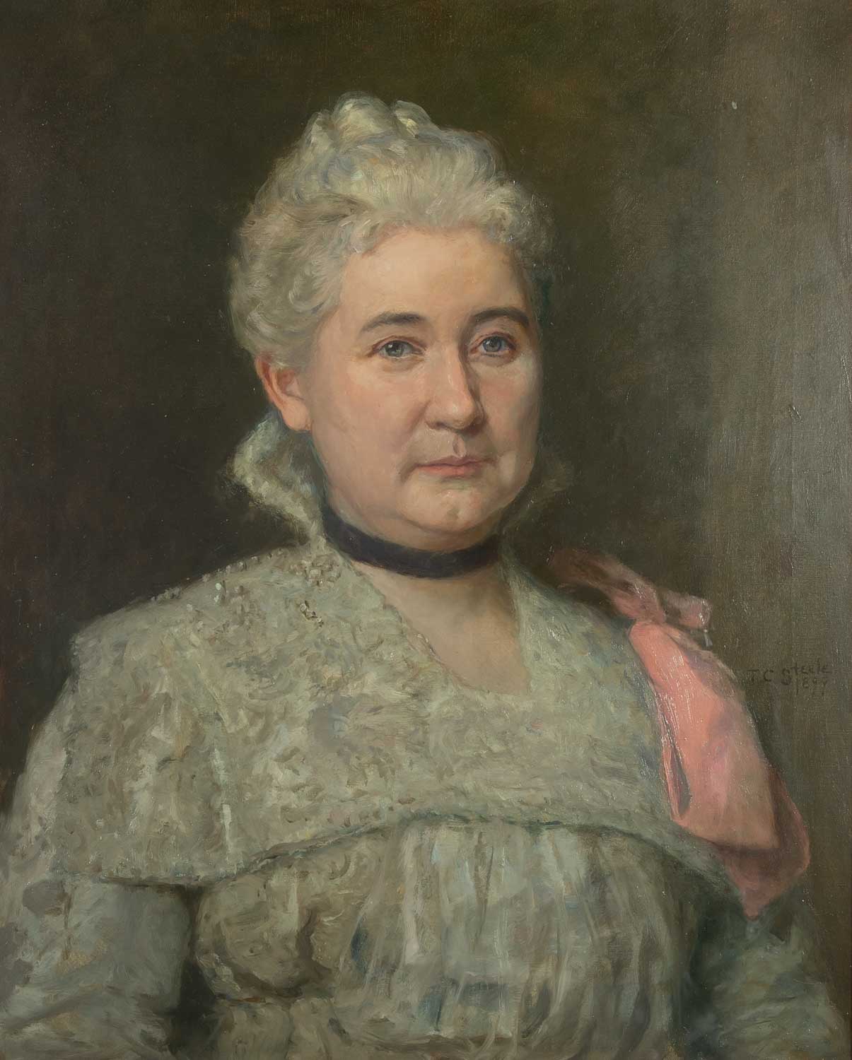 oil on canvas of mature woman in a silver gown with a high collar