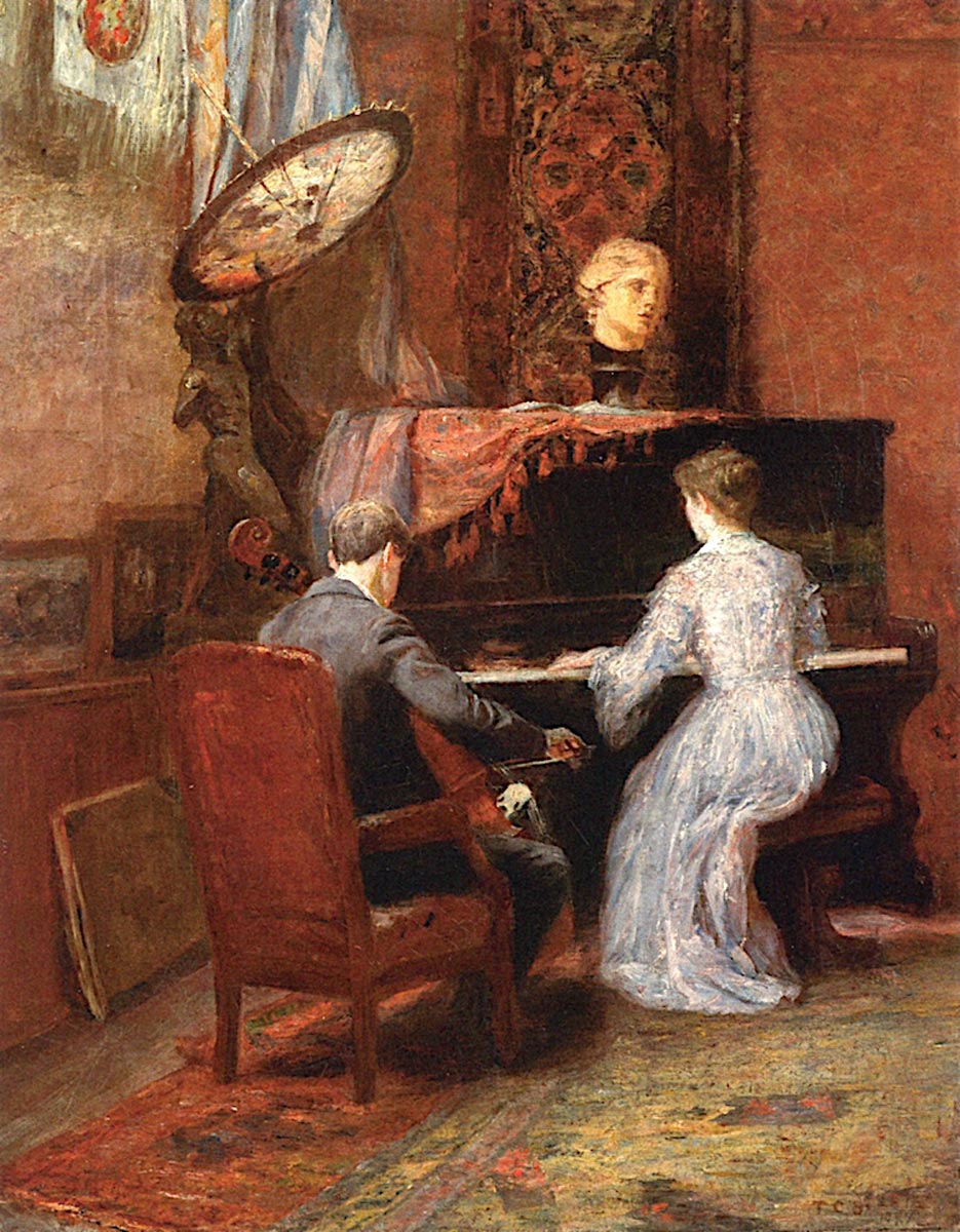 oil painting of two children in fine clothes sitting at a piano