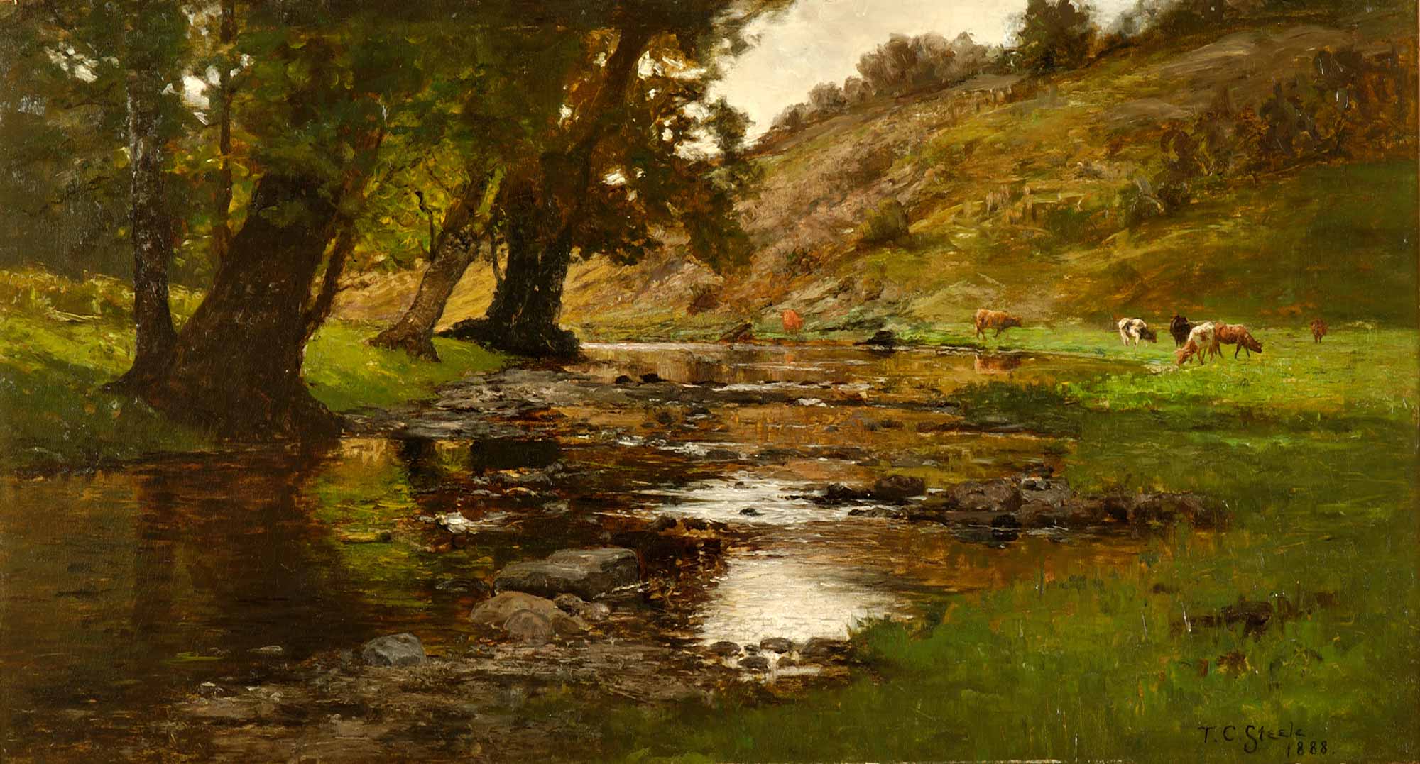 oil on canvas of creek surrounded by green grass and trees with cows grazing nearby