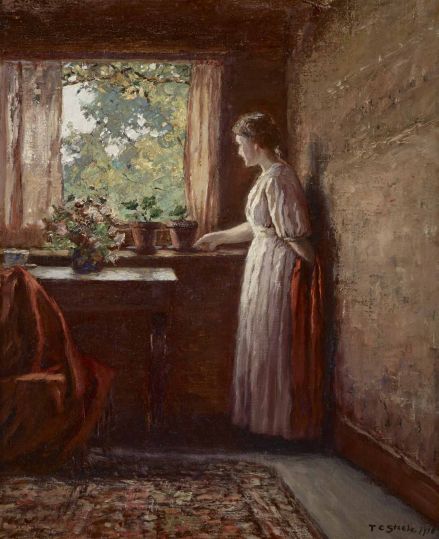 oil painting of a woman looking out of a curtained window