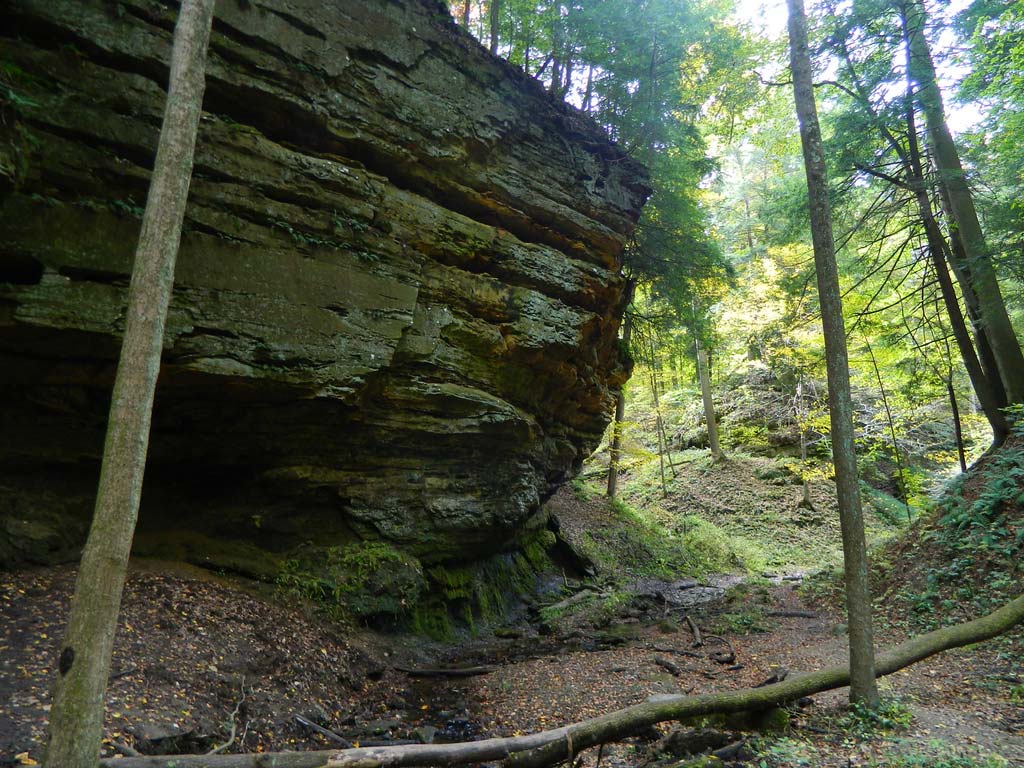 towering rock face next to a trail in a woods