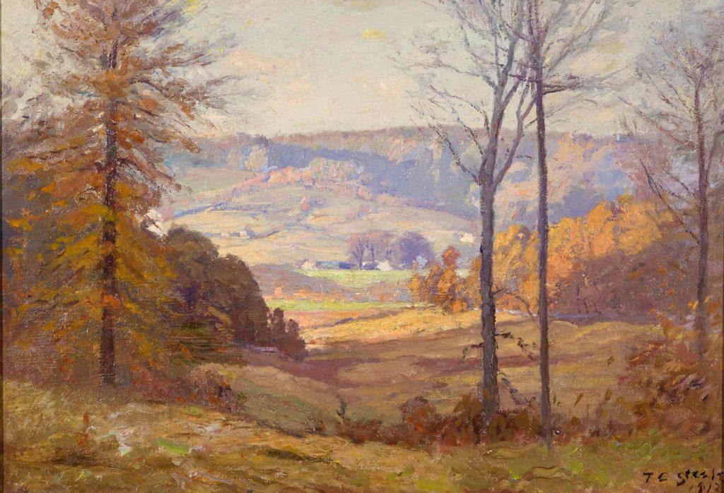 oil painting in golden fall colors of the  rolling hills and trees of Brown County 