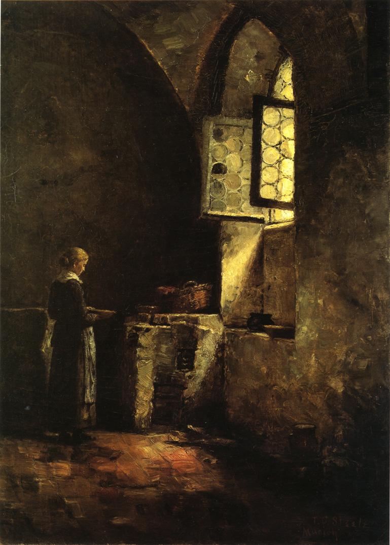 oil on canvas painting of a woman standing underneath an open window in a kitchen