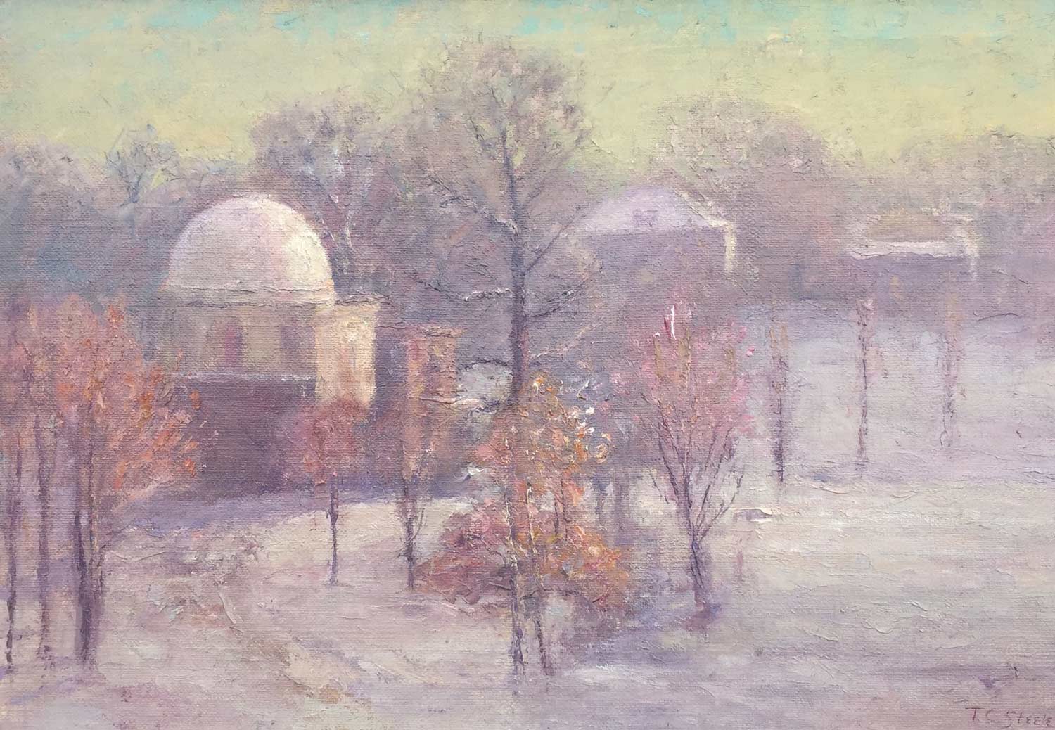 Oil on canvas painting of an observatory at Indiana University in winter, with warm pastel coloring