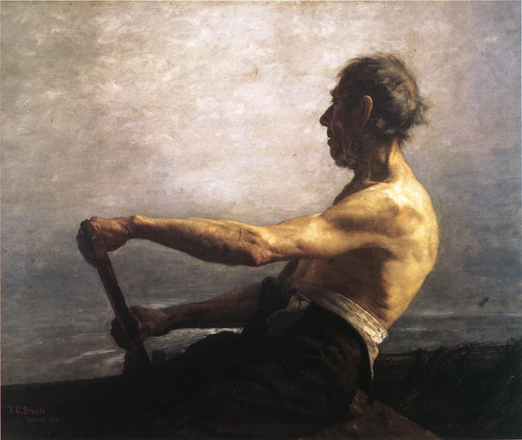 The Boatman, oil on canvas painting of rugged man rowing a boat with grey skies and water in the background