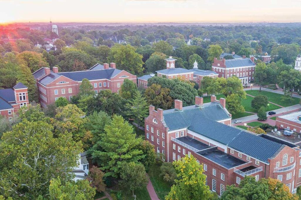 aerial photograph of red brick college buildings