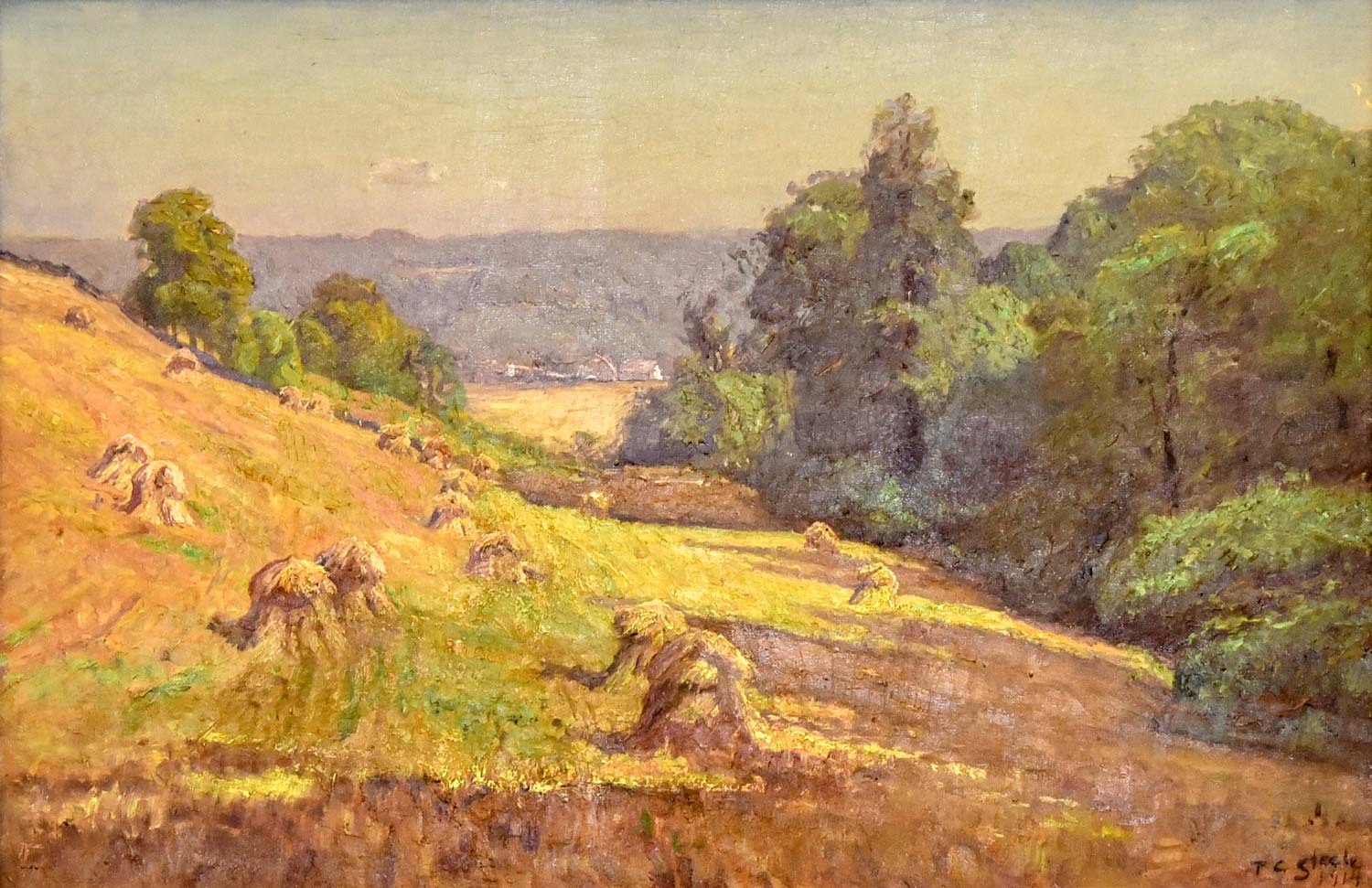 oil on canvas in gold and green hues showing bales of hay on a hillside